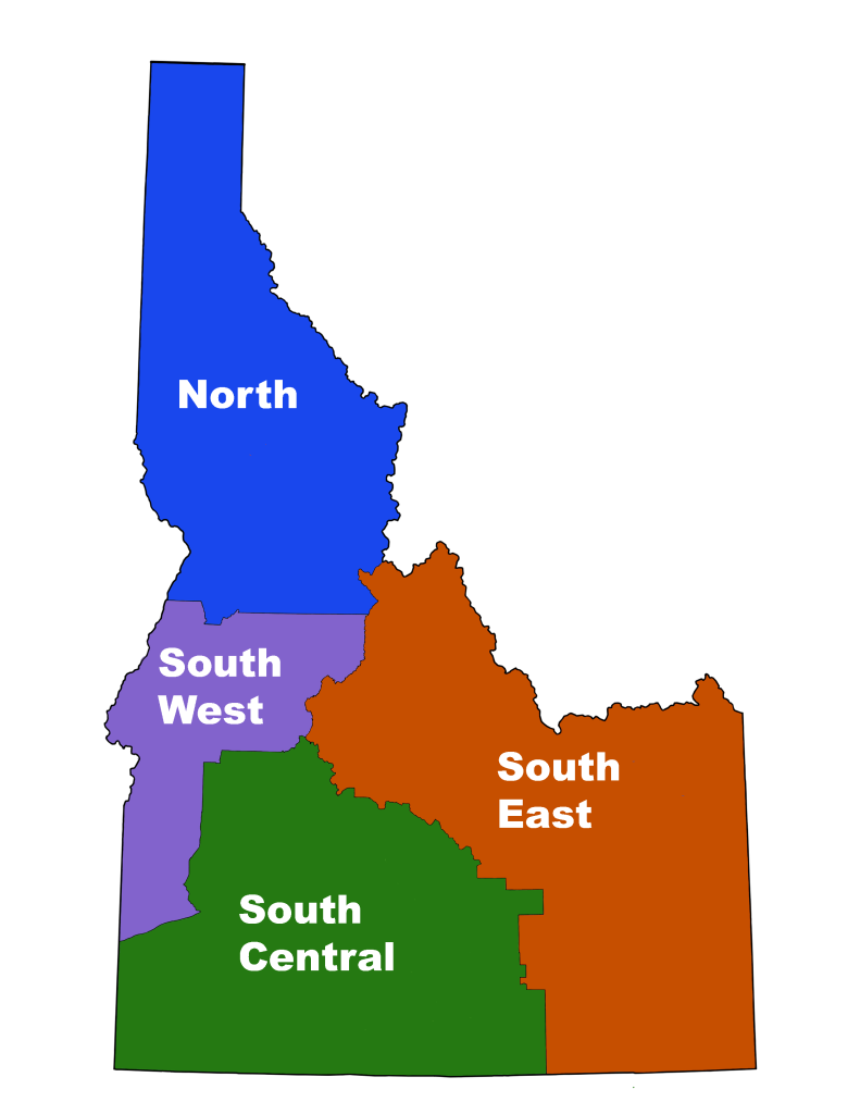 State of Idaho divided into four customer centers. (North, Southwest, South Central, Southeast)