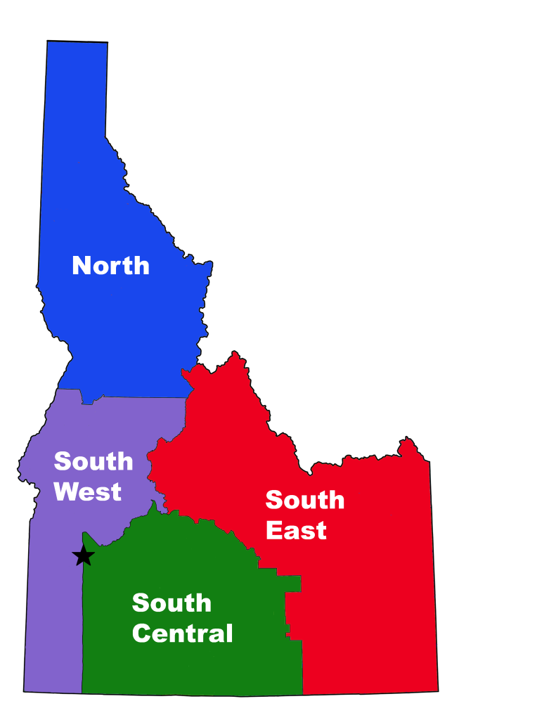 State of Idaho divided into four customer centers. (North, Southwest, South Central, Southeast) The Operations Support Center is located in Boise.