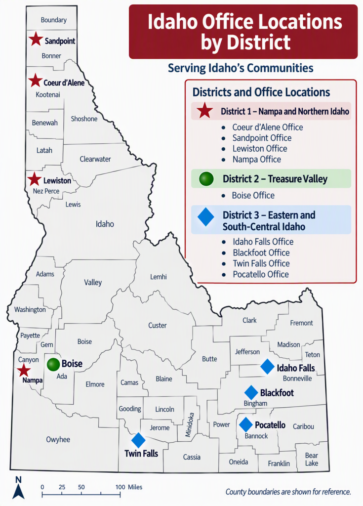Map of Idaho office locations organized by district. District 1, Nampa and Northern Idaho, is represented by burgundy star markers and includes the Coeur d&rsquo;Alene, Sandpoint, Lewiston, and Nampa offices. District 2, Treasure Valley, is represented by a green circle marker and includes the Boise office. District 3, Eastern and South-Central Idaho, is represented by blue diamond markers and includes the Idaho Falls, Blackfoot, Pocatello, and Twin Falls offices. County boundaries and a district legend are displayed for reference.